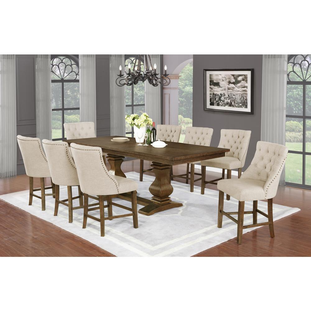 9pc Counter Height Dining Set, Dining Chairs in Beige, Table w/ 18" Center Leaf in Walnut Finish. Picture 1