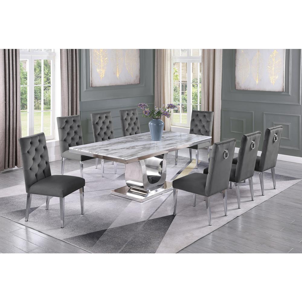 White Marble 9pc Set Tufted Ring Chairs in Dark Grey Velvet. Picture 1