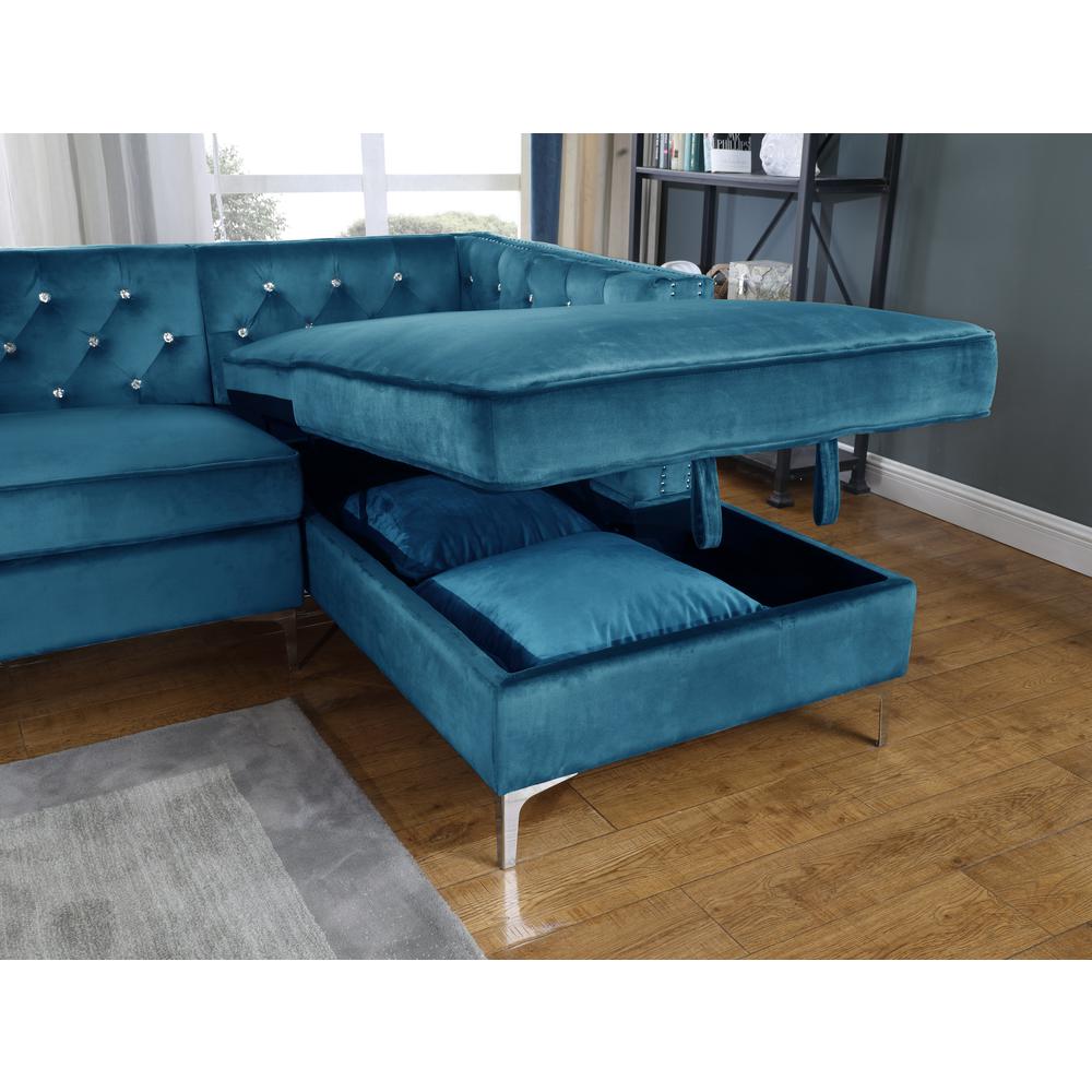 Teal Blue Velvet L-Shaped Tufted Faux Crystal Sofa & Chaise. Picture 2