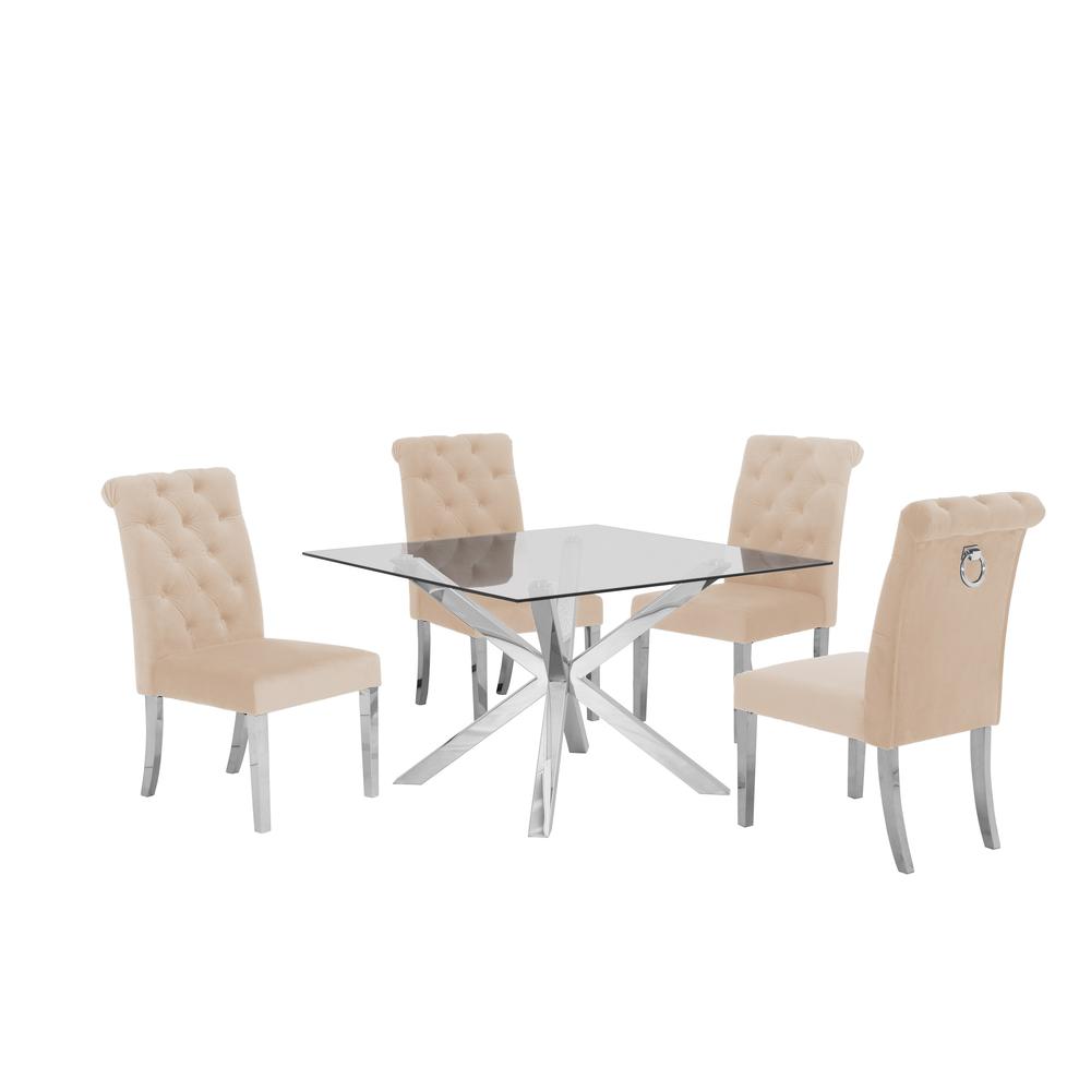 Stainless Steel 5 Piece Dining Set, Beige Tufted Velvet 631. Picture 1