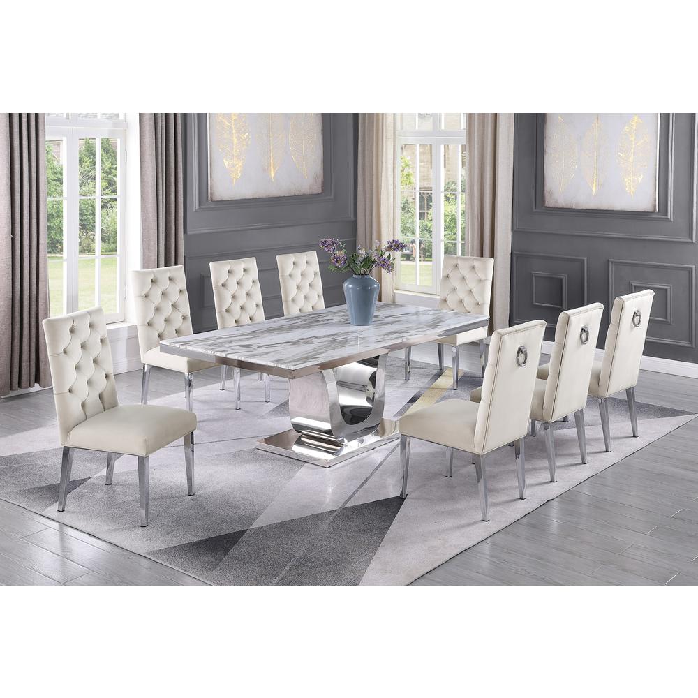 White Marble 9pc Set Tufted Ring Chairs in Beige Velvet. Picture 1