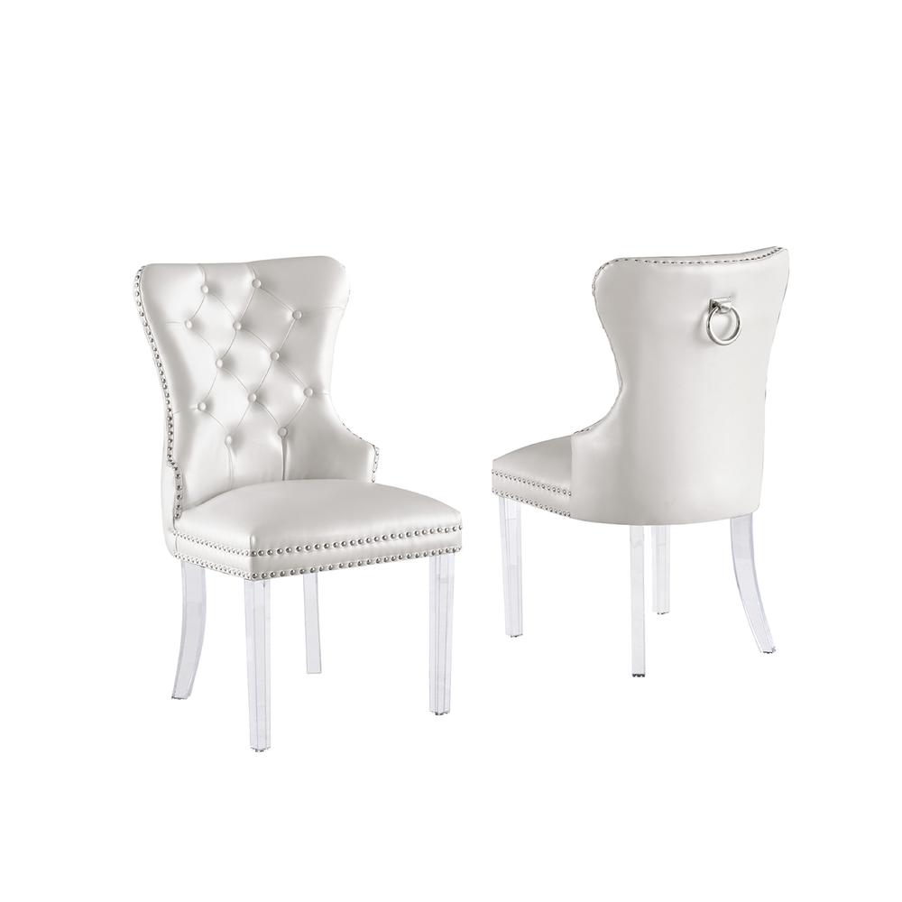 White Faux Leather Tufted Dining Side Chairs, Acrylic Legs - Set of 2. Picture 1