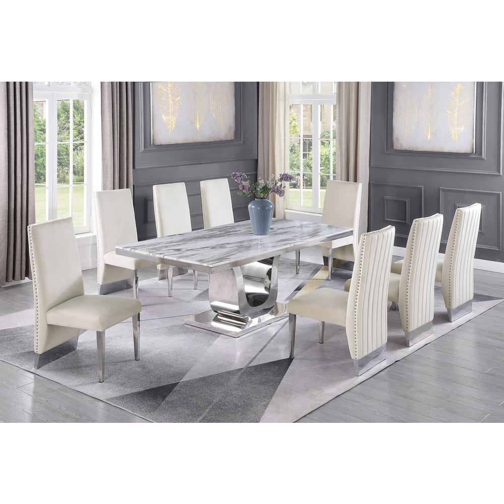 White Marble 9pc Set Pleated Chairs in Beige Velvet. The main picture.