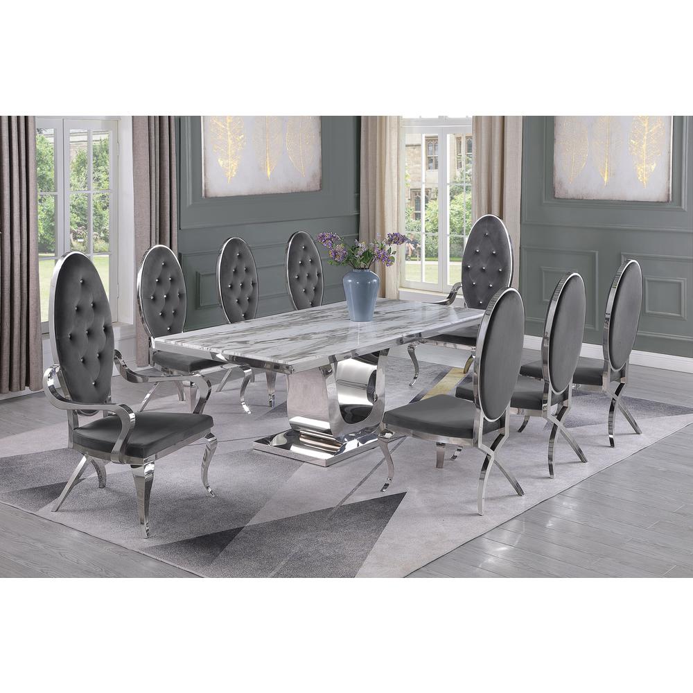 White Marble 9pc Set Tufted Faux Crystal Chairs and Arm Chairs in Dark Grey Velvet. Picture 1