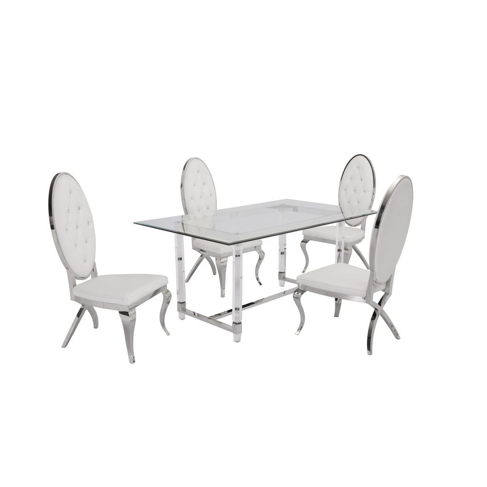 Acrylic Glass 5pc Set Tufted Faux Crystal Chairs in White Faux Leather. Picture 1