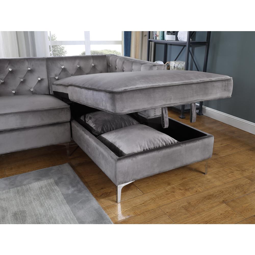 Dark Gray Velvet L-Shaped Tufted Faux Crystal Sofa & Chaise. Picture 2