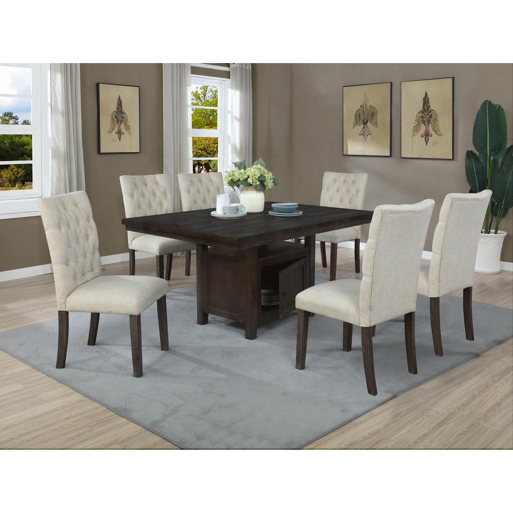 7pc Dining Set w/Uph Chairs Tufted & Table w/Storage, Beige. Picture 2