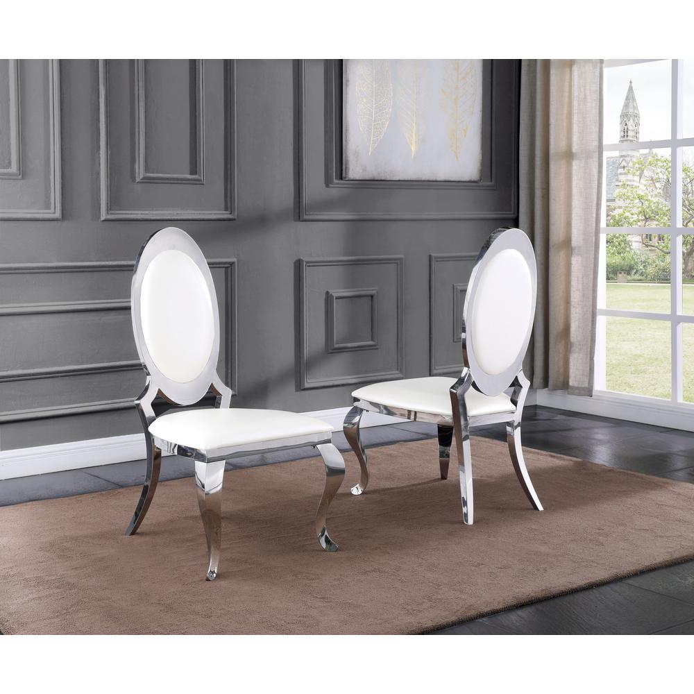 White Marble 5pc Set Stainless Steel Chairs in White Faux Leather. Picture 2