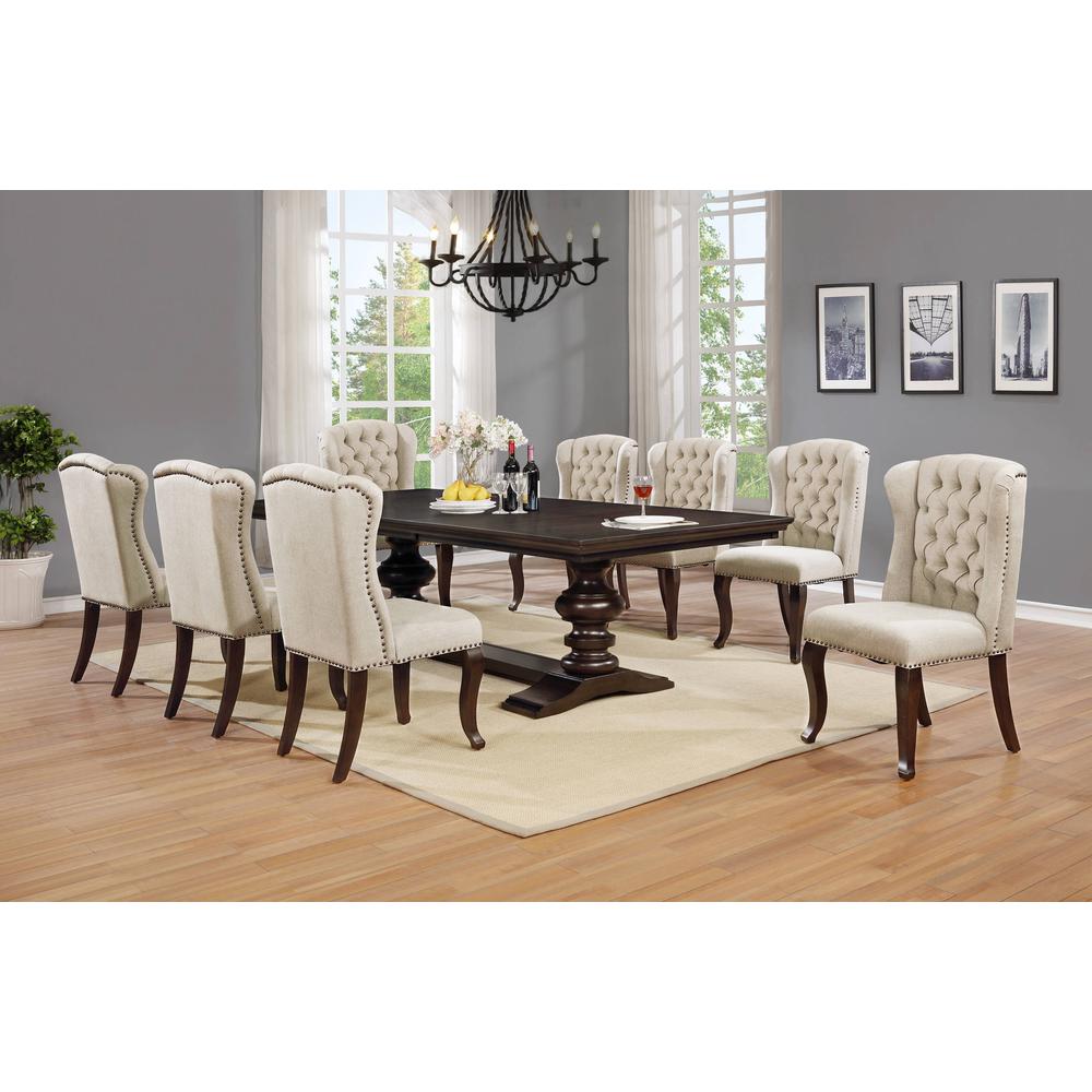 Classic 9pc Dining Set w/Uph Wingback Chairs Tufted & Naildhead Trim, Table w/Center 20" Leaf, Beige. Picture 1