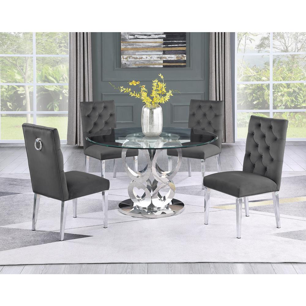 Round Style 5pc Glass Dining Set Ring Chairs in Dark Grey Velvet. Picture 1
