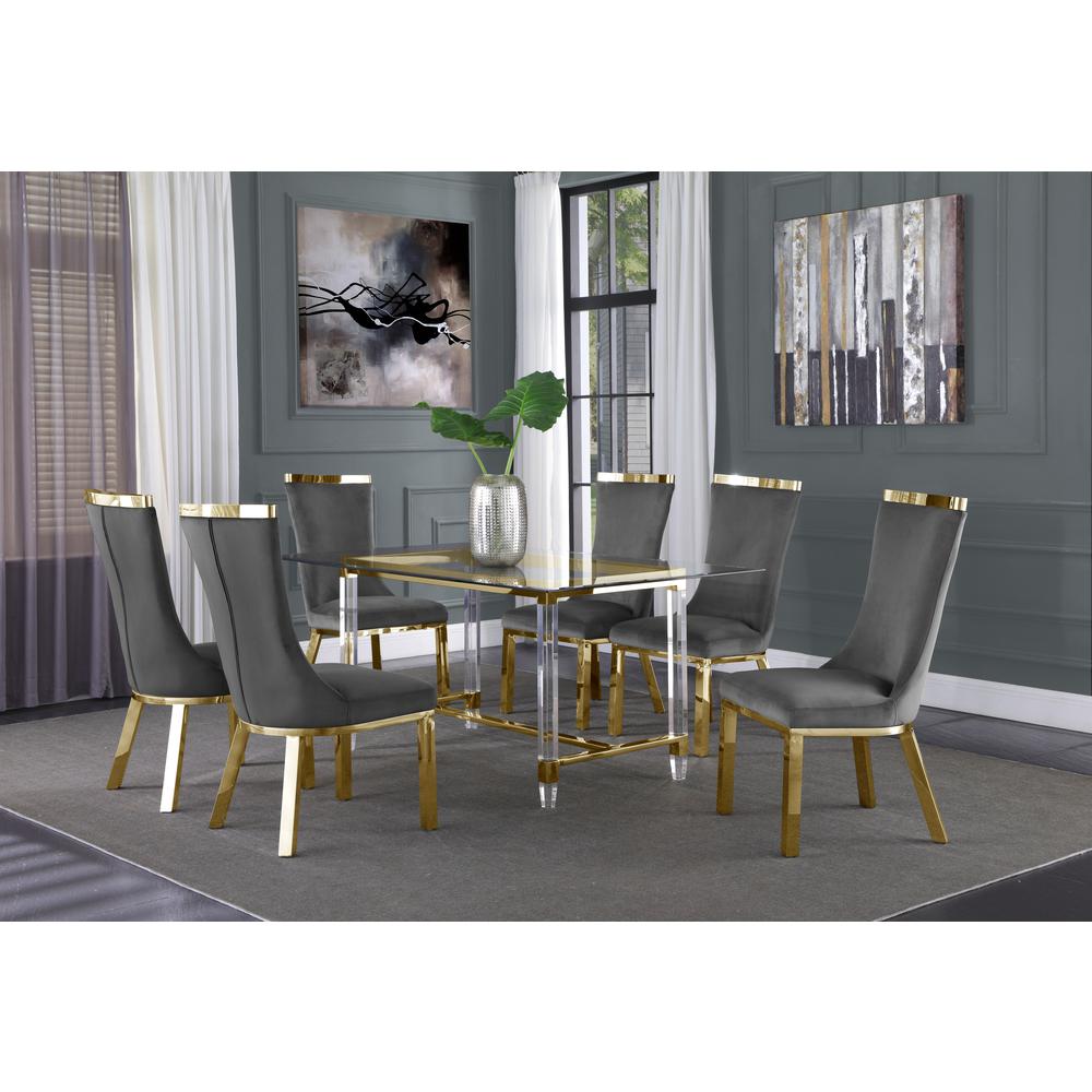 Acrylic Glass 7pc Gold Set Stainless Steel Chairs in Dark Grey Velvet. Picture 1