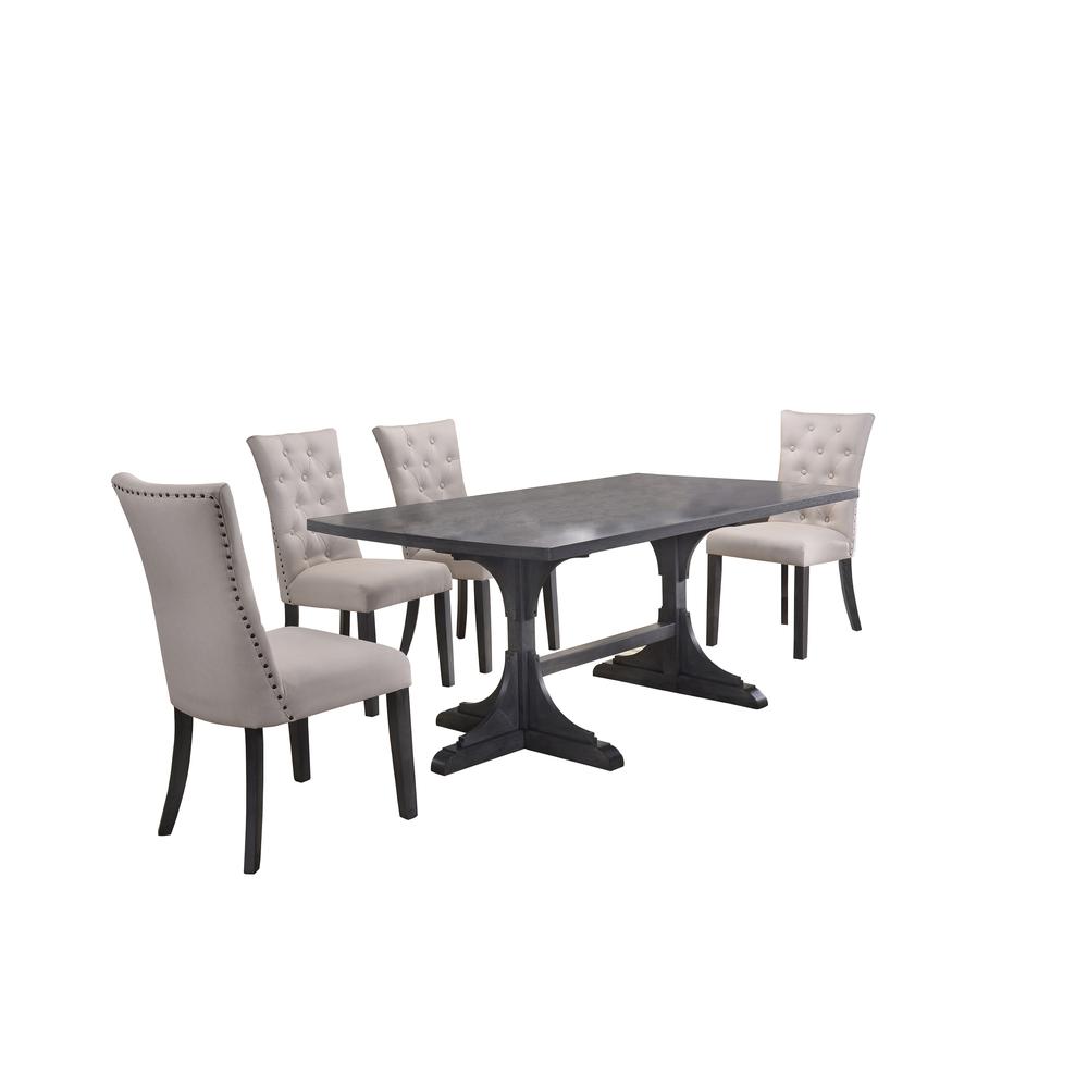 5 Piece Dining Set, Weathered Gray Dining Table & 5 Side Chairs in Beige Linen. Picture 1