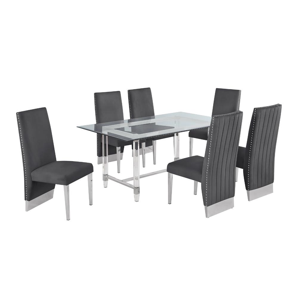 Acrylic Glass 7pc Set Pleated Chairs in Dark Grey Velvet. Picture 2