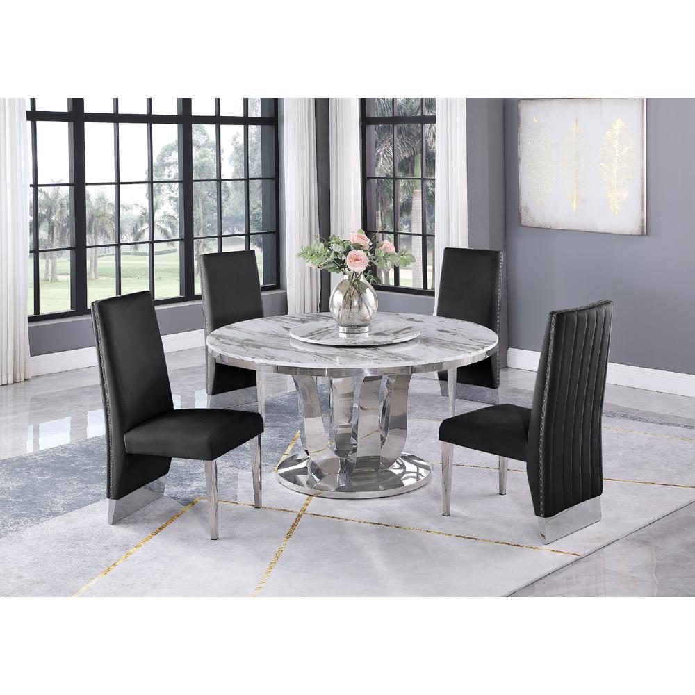 White Marble Lazy-Susan Dining Set Pleated Chairs in Black Velvet. Picture 1