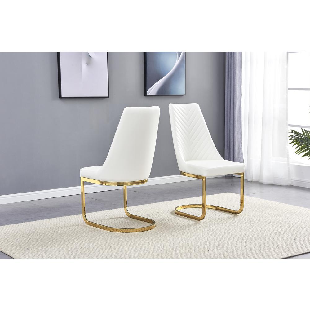 Rectangular Tempered Glass 5pc Gold Set Chrome Chairs in White Faux Leather. Picture 2