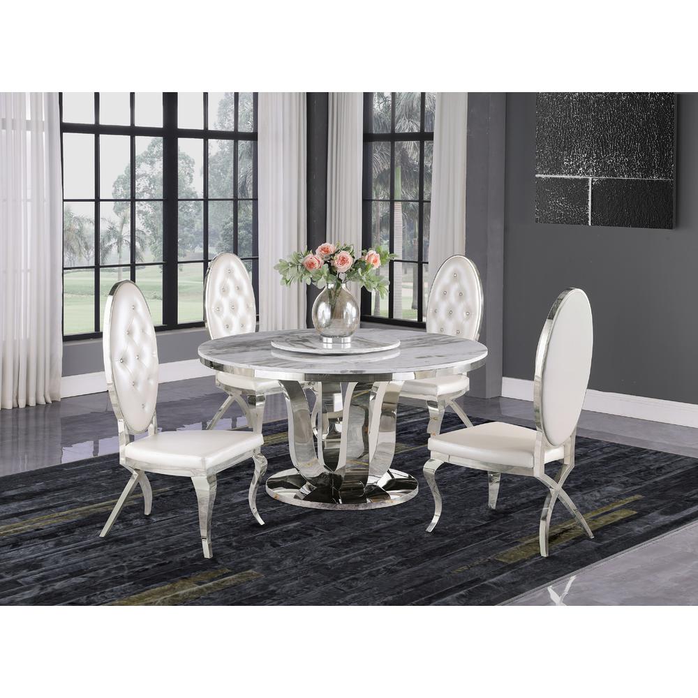 White Marble Lazy-Susan Dining Set Tufted Faux Crystal Chairs in White Faux Leather. Picture 1
