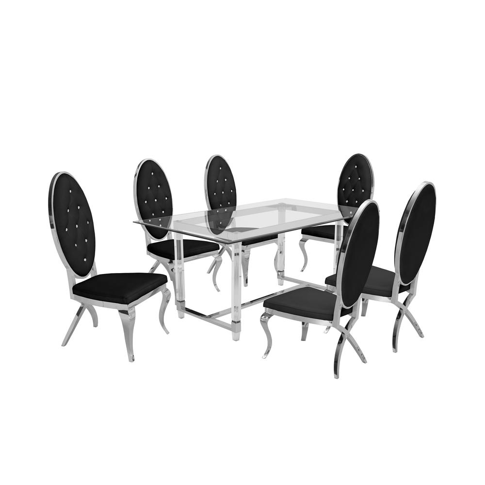 Acrylic Glass 7pc Set Tufted Faux Crystal Chairs in Black Velvet. Picture 1
