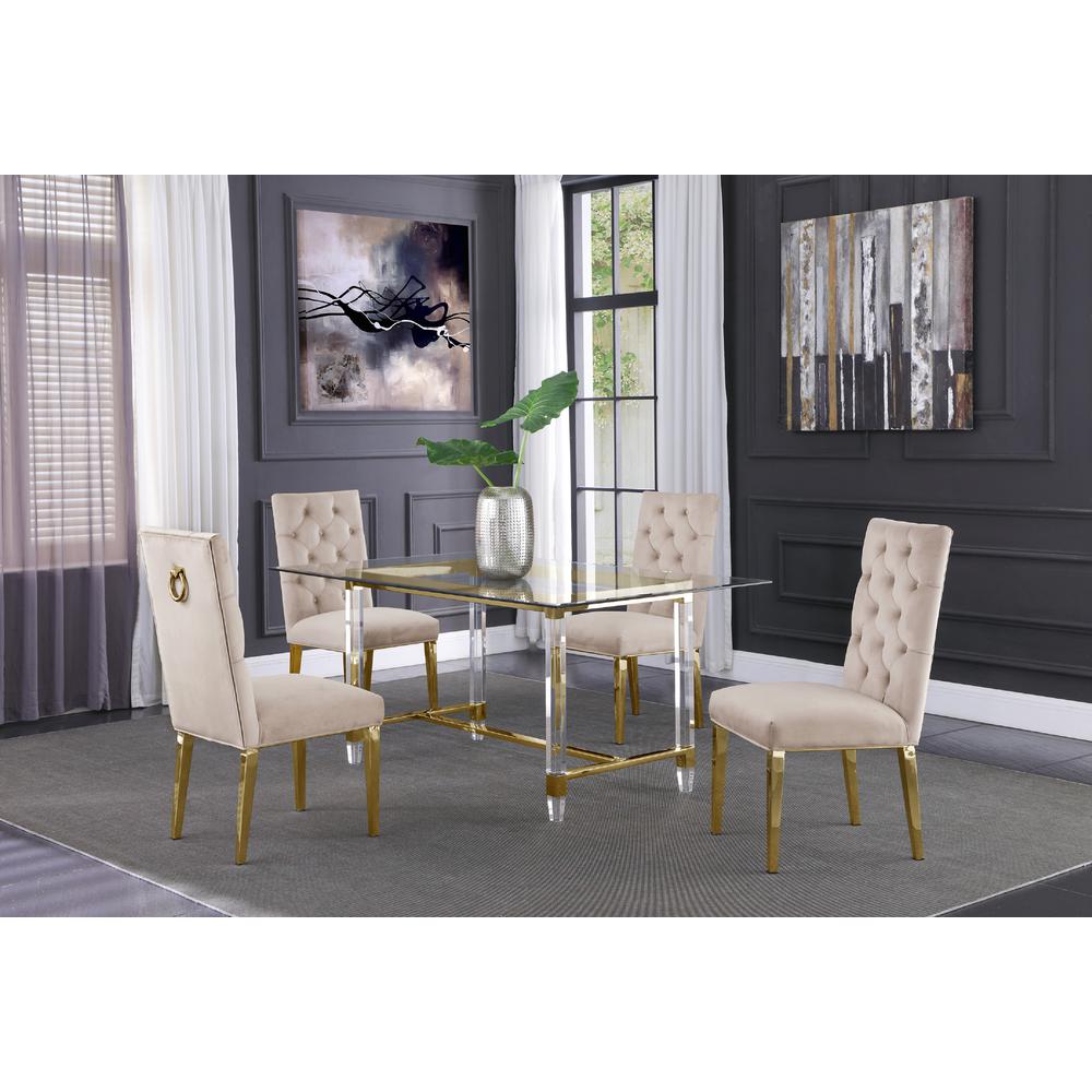 Acrylic Glass 5pc Gold Set Tufted Ring Chairs in Beige Velvet. Picture 1
