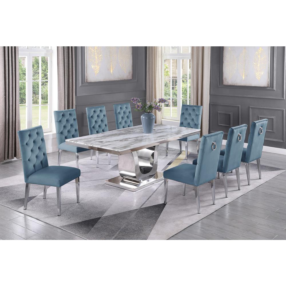 White Marble 9pc Set Tufted Ring Chairs in Teal Velvet. Picture 1
