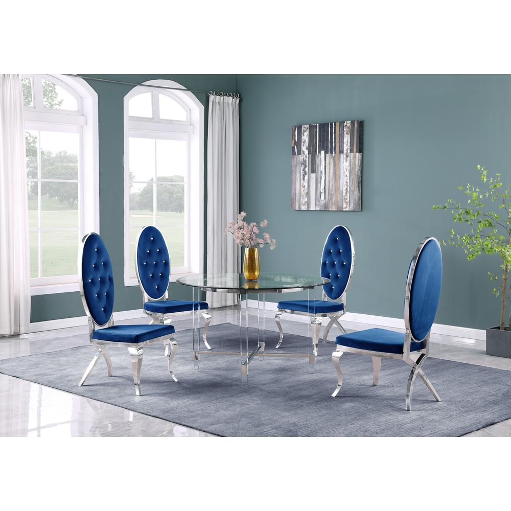 Round 5 Piece Dining Set: Glass Table Acrylic, 4 Dining Chairs Faux Crystal in Navy Blue Velvet. Picture 2