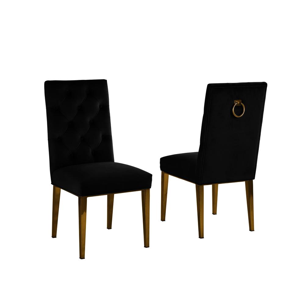 Gold Tempered Glass 7 Piece Dining Set Ring Chairs in Black Velvet. Picture 2