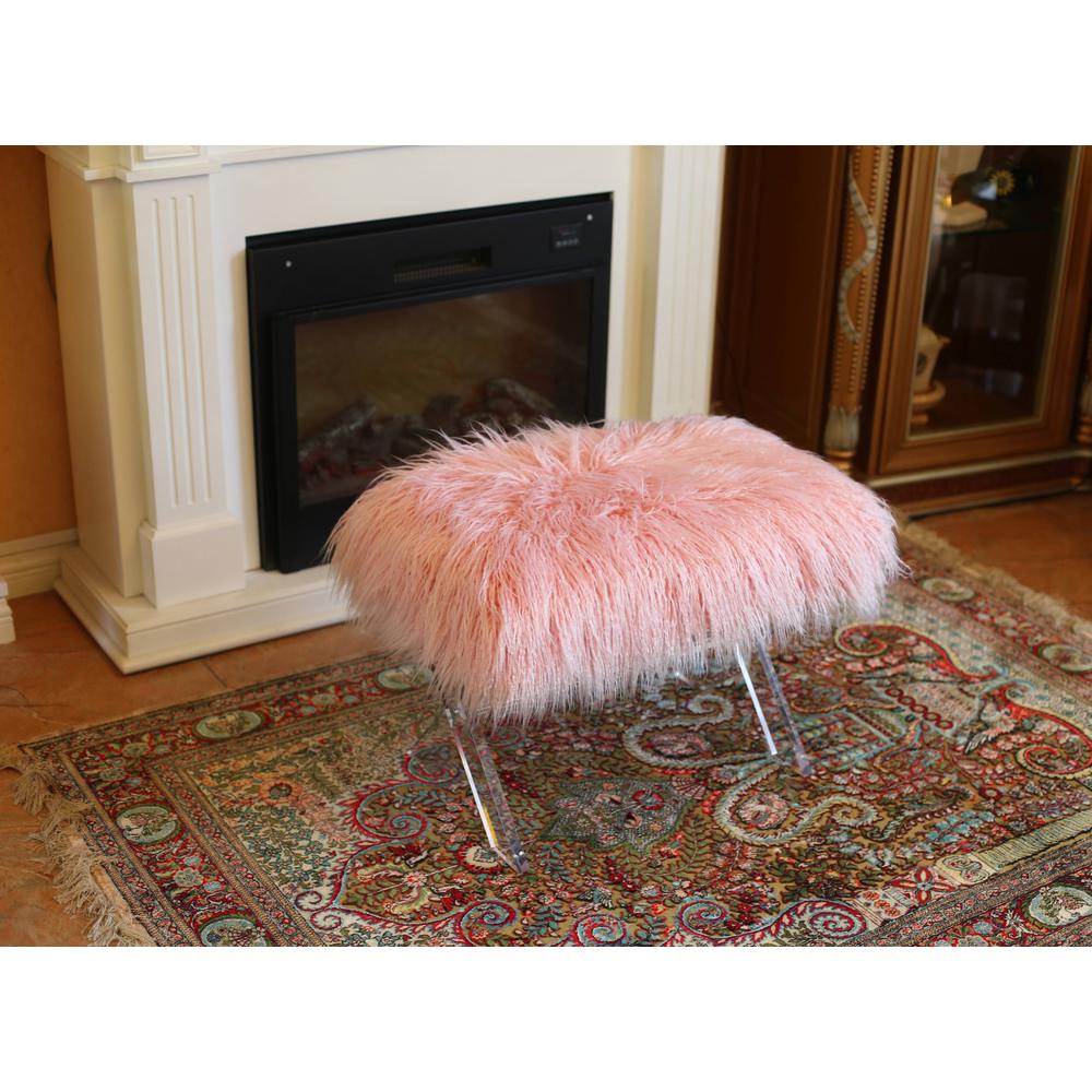 Fur bench/Ottoman with Acrylic Legs. 2 Colors to Choose: White or Pink. Picture 2