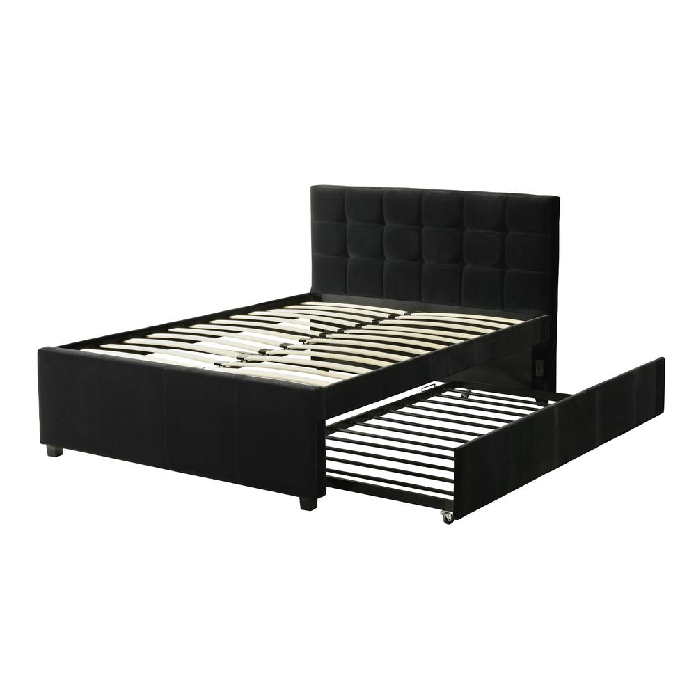 Full Bed With Twin Trundle in Black Velvet Fabric