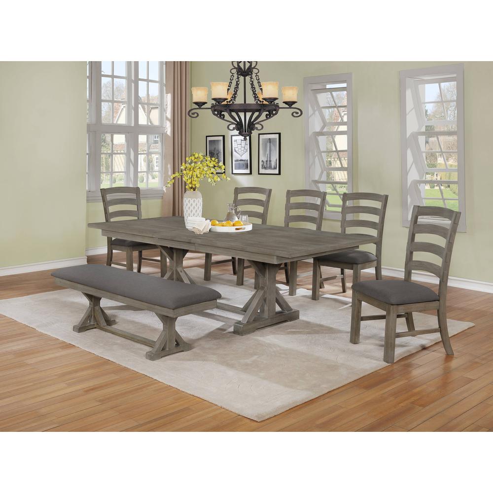 Classic 7pc Dining Set with Extendable Dining table with 18" Leaf, Wood and Linen Side Chairs, Upholstered Bench, Gray. Picture 1