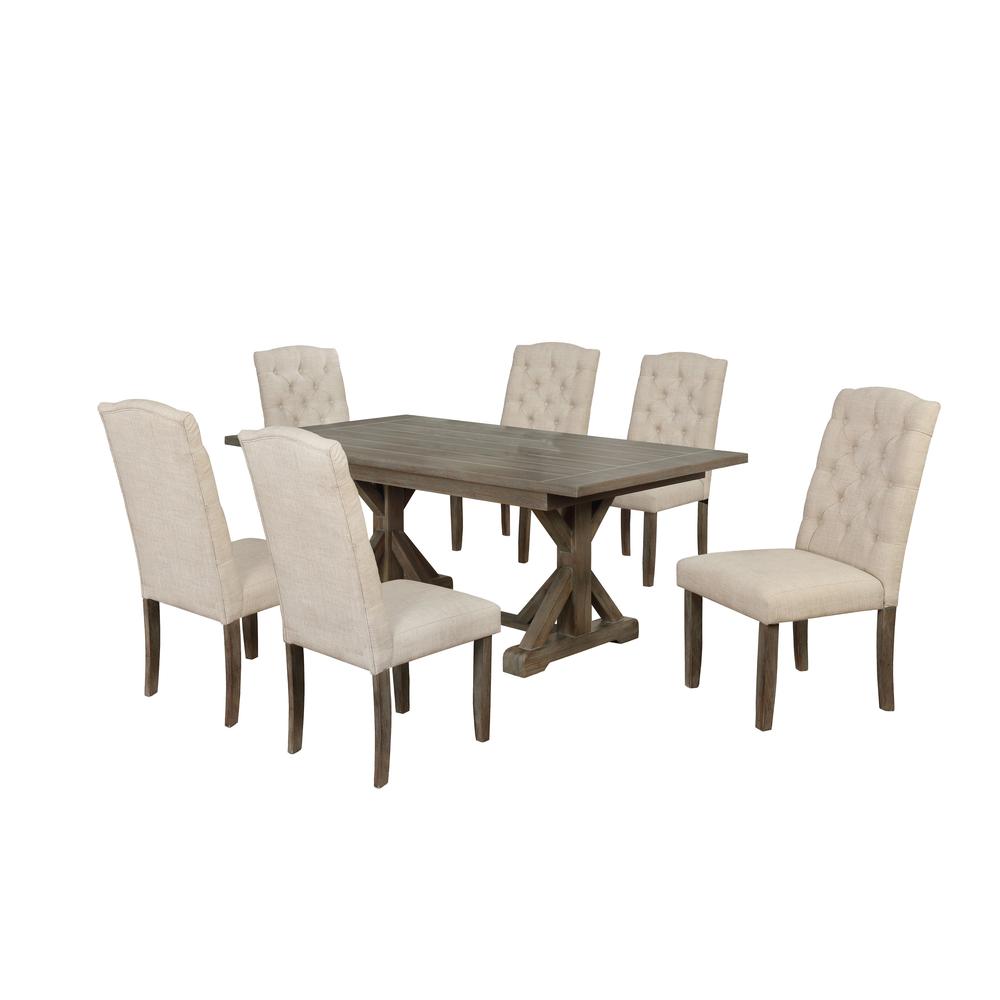 7PC Dining Set: 1 Dining Table, 6 Upholstered Side Chairs with Tufted Buttons, Beige. Picture 2