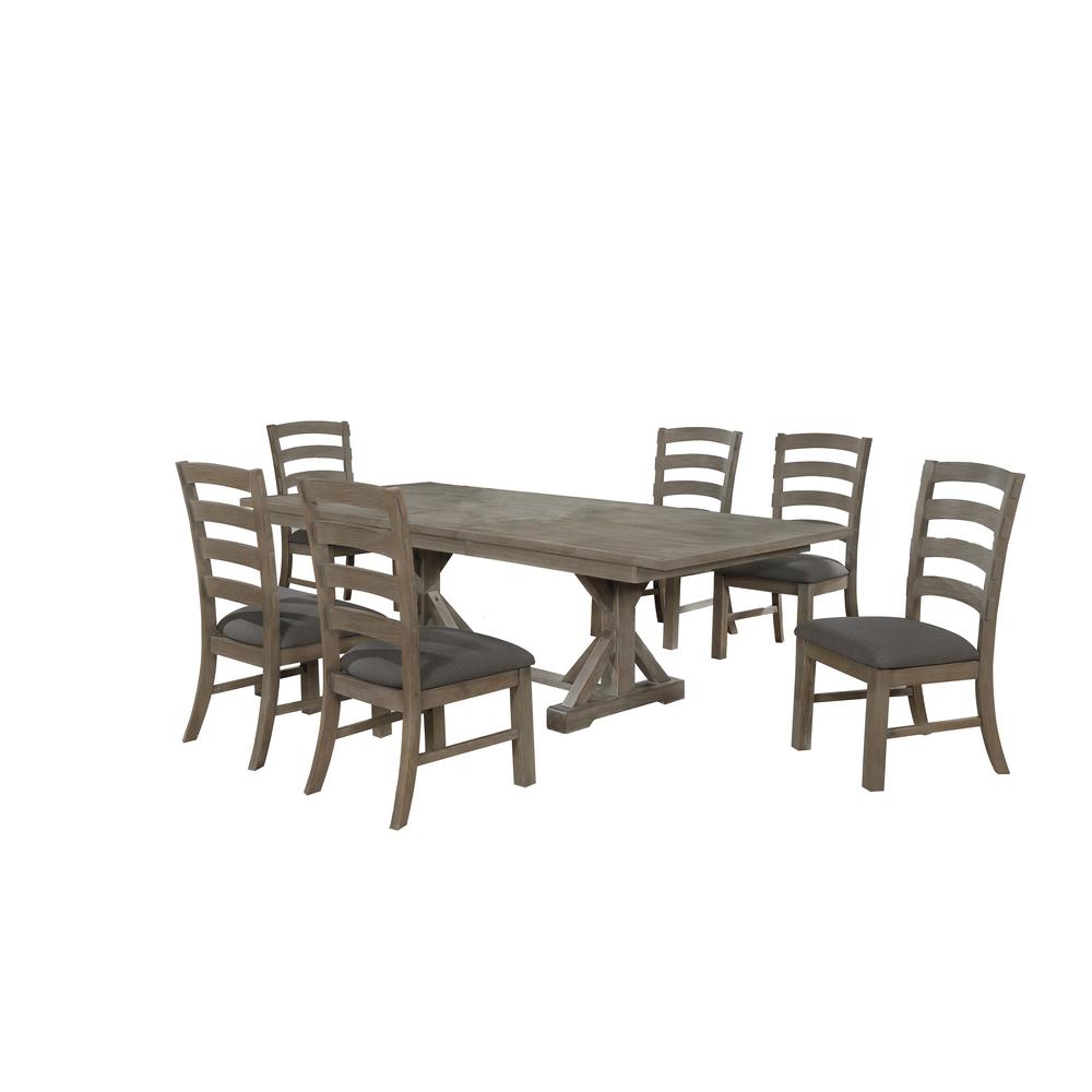 7 Piece Dining Set Extendable w/18"Center Leaf Extension & 6 Ladder-Back Chairs in Dark Grey Linen. Picture 1