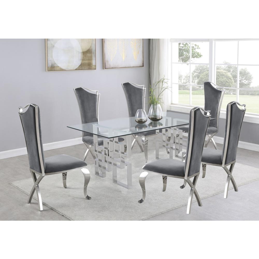 7-Piece Dining Set with Stainless Steel-Legged Dining Chairs in Grey. Picture 1