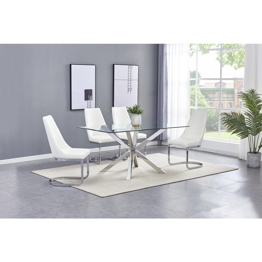 Rectangular Tempered Glass 5pc Set Chrome Chairs in White Faux Leather. Picture 1