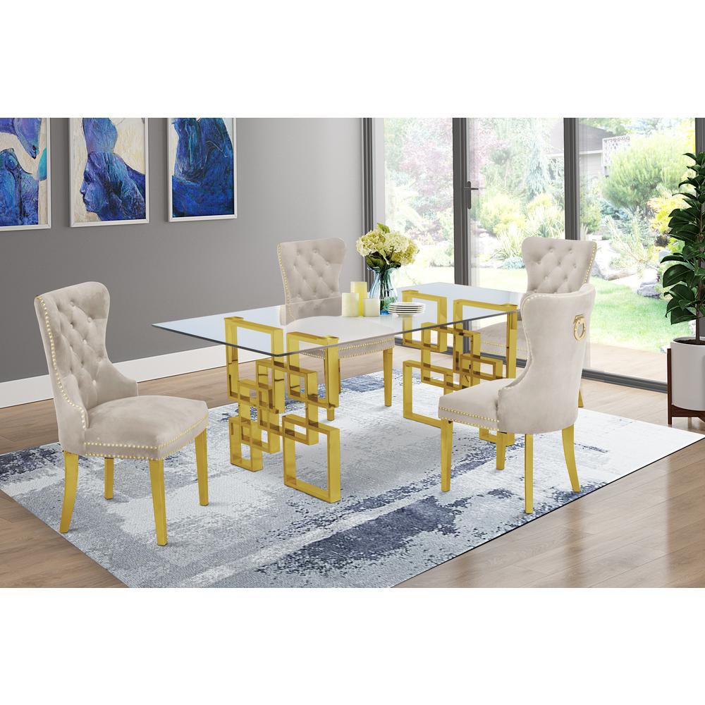 Classic 5 Piece Dining Set With Glass Table Top and Stainless Steel Legs, Beige. Picture 1
