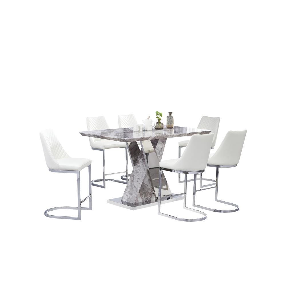 Classic 7 Piece Dining Set: White Faux Marble Counter Height Table, 6 White Faux Leather Side Chairs Chrome. Picture 1