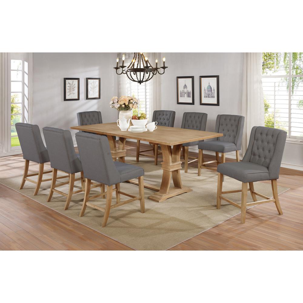 Classic 9pc Dining Set with Extendable Counter Height Dining Table with 18" Leaf in Rustic Wood Finish and Counter Height Upholstered Side Chairs with Tufted Buttons. Picture 1