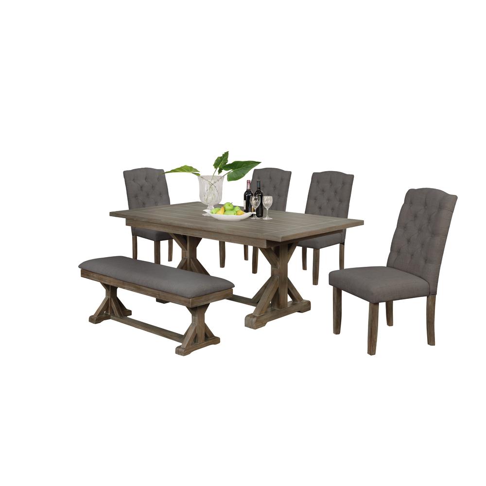 6PC Dining Set: 1 Dining Table, 4 Upholstered Side Chairs with Tufted Buttons, and 1 Upholstered Bench, Gray. Picture 2