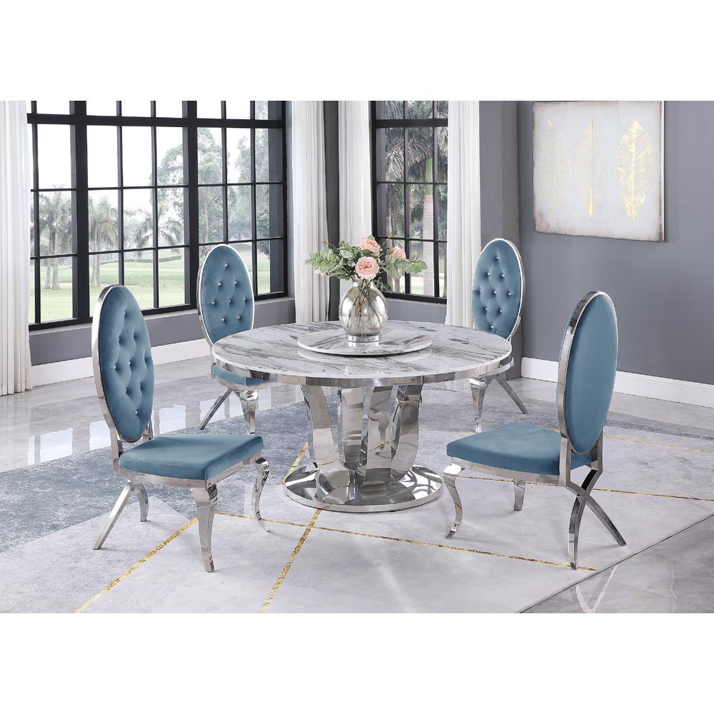 White Marble Lazy-Susan Dining Set Tufted Faux Crystal Chairs in Teal Velvet. Picture 1