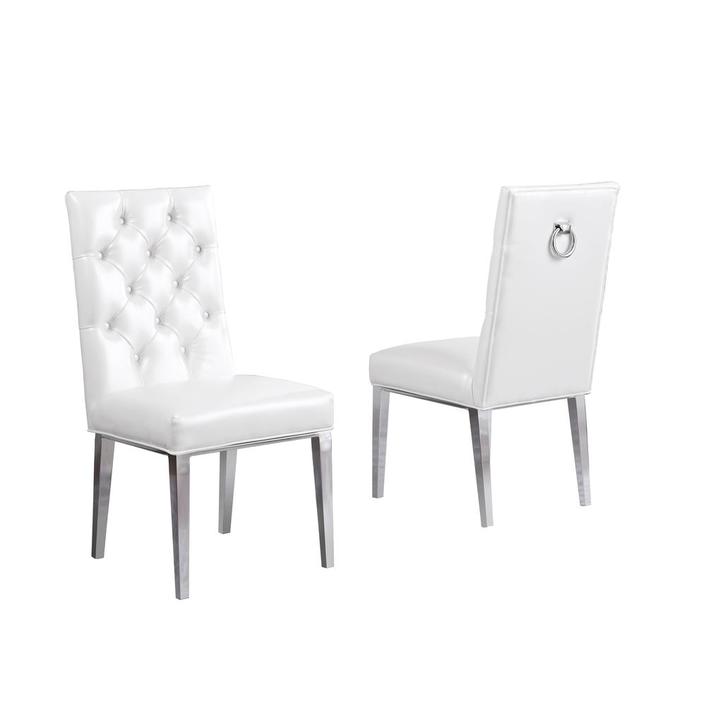 White Faux Leather Tufted Dining Side Chairs, Chrome Legs - Set of 2. Picture 1