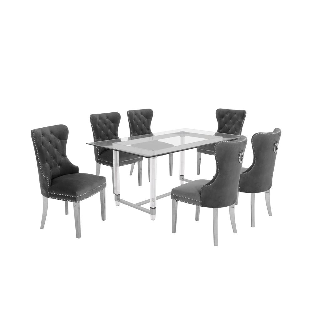 Acrylic Glass 7pc Set Tufted Stainless Steel Chairs in Dark Grey Velvet. Picture 1