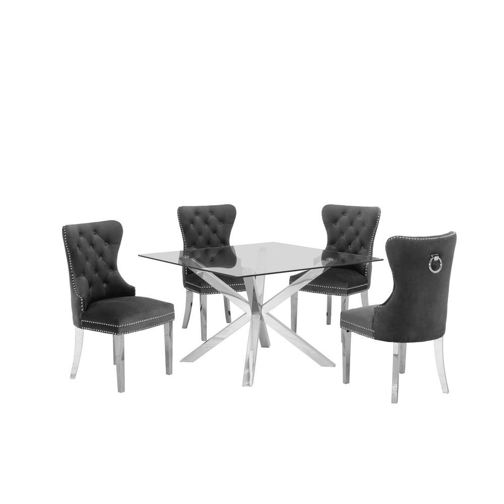 Stainless Steel 5 Piece Dining Set, w/ Dark Grey Velvet Side Chairs 899. Picture 1