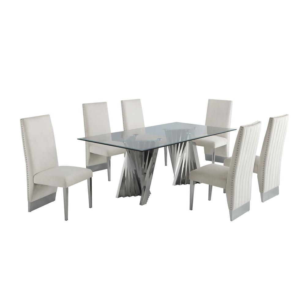 Classic 7pc Dining Set w/Pleated r Side Chair, Glass Table w/ Silver Spiral Base, Beige. Picture 1
