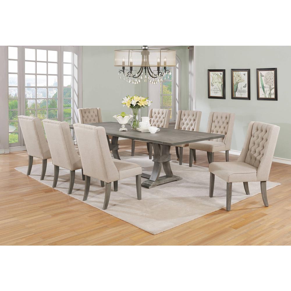 Classic 9pc Dining Set with Extendable Dining Table with Two 16" Leafs and Upholstered Chairs with Tufted Buttons. Beige. Picture 1