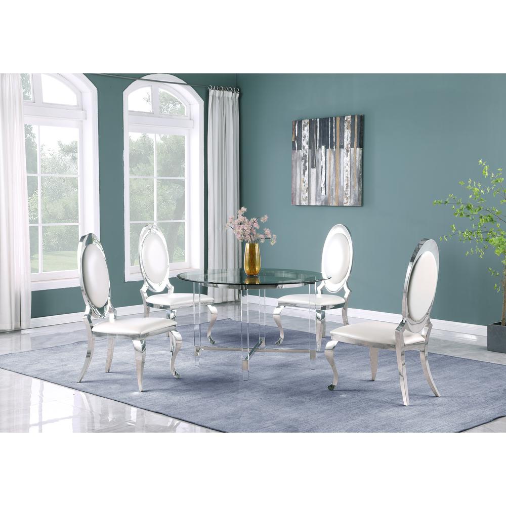 Round 5 Piece Dining Set: Glass Table Acrylic, 4 Dining Chairs Stainless Steel in White Faux Leather. Picture 1