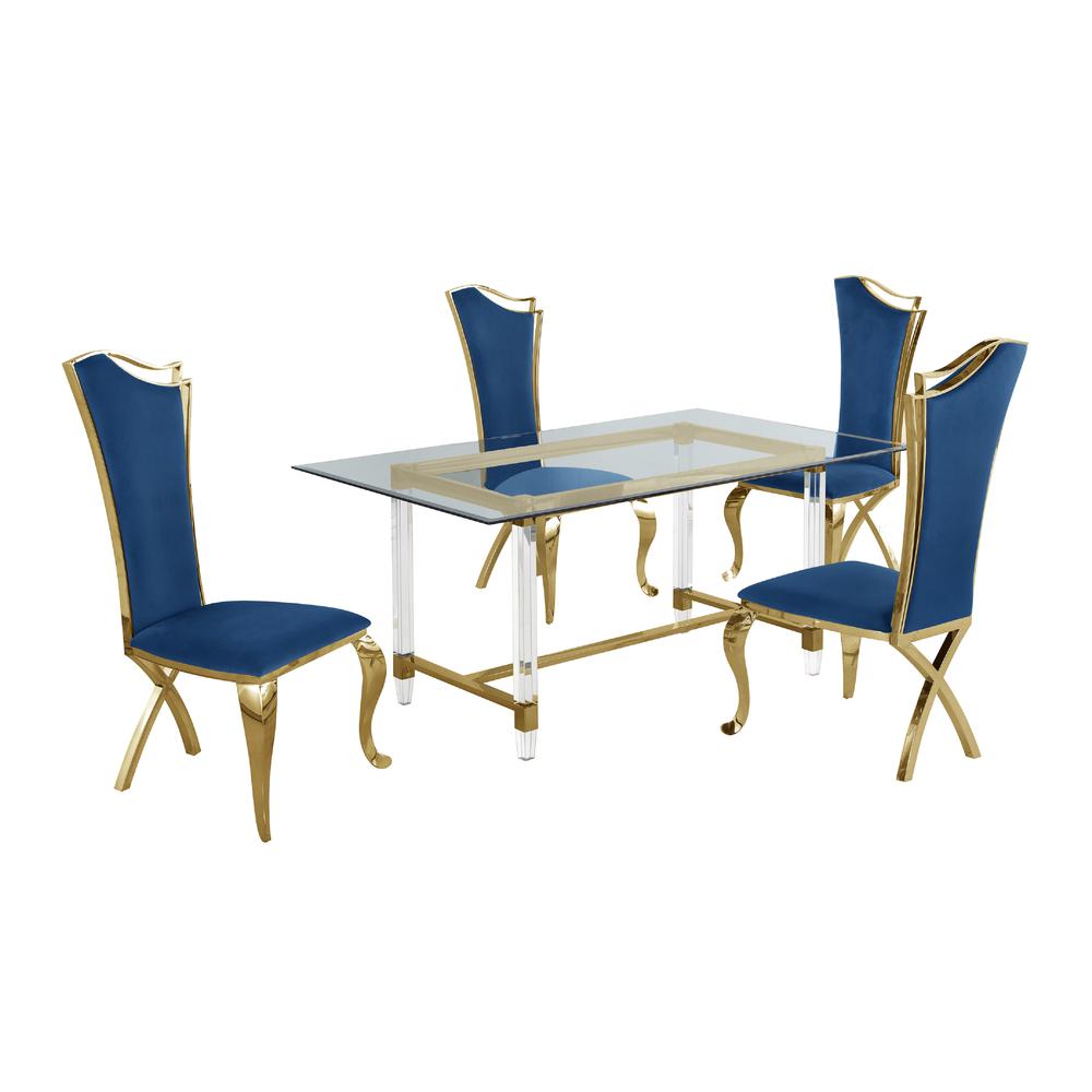 Acrylic Glass 5pc Gold Set Stainless Steel Highback Chairs in Navy Blue Velvet. Picture 2