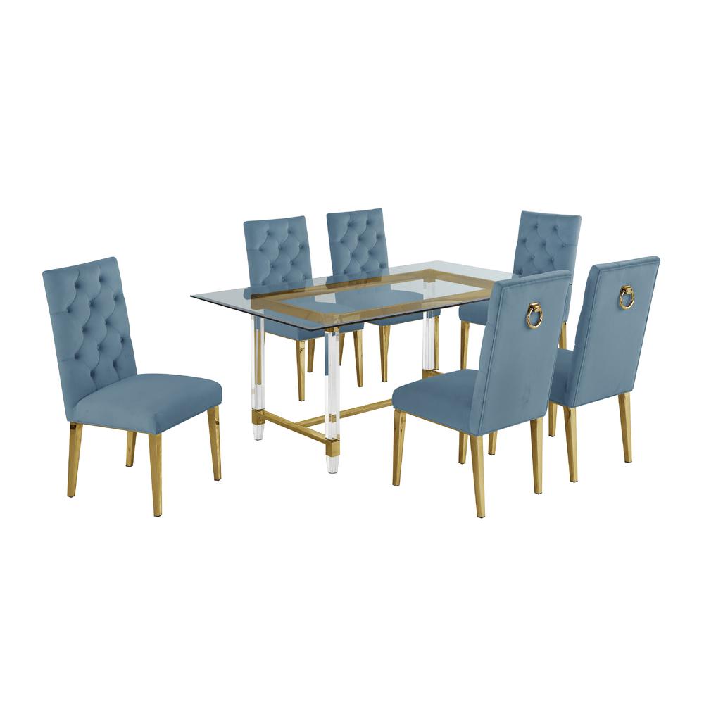Acrylic Glass 7pc Gold Set Tufted Ring Chairs in Teal Blue Velvet. Picture 2