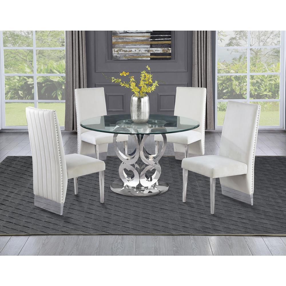 Round Style 5pc Glass Dining Set Pleated Chairs in Beige Velvet. Picture 1
