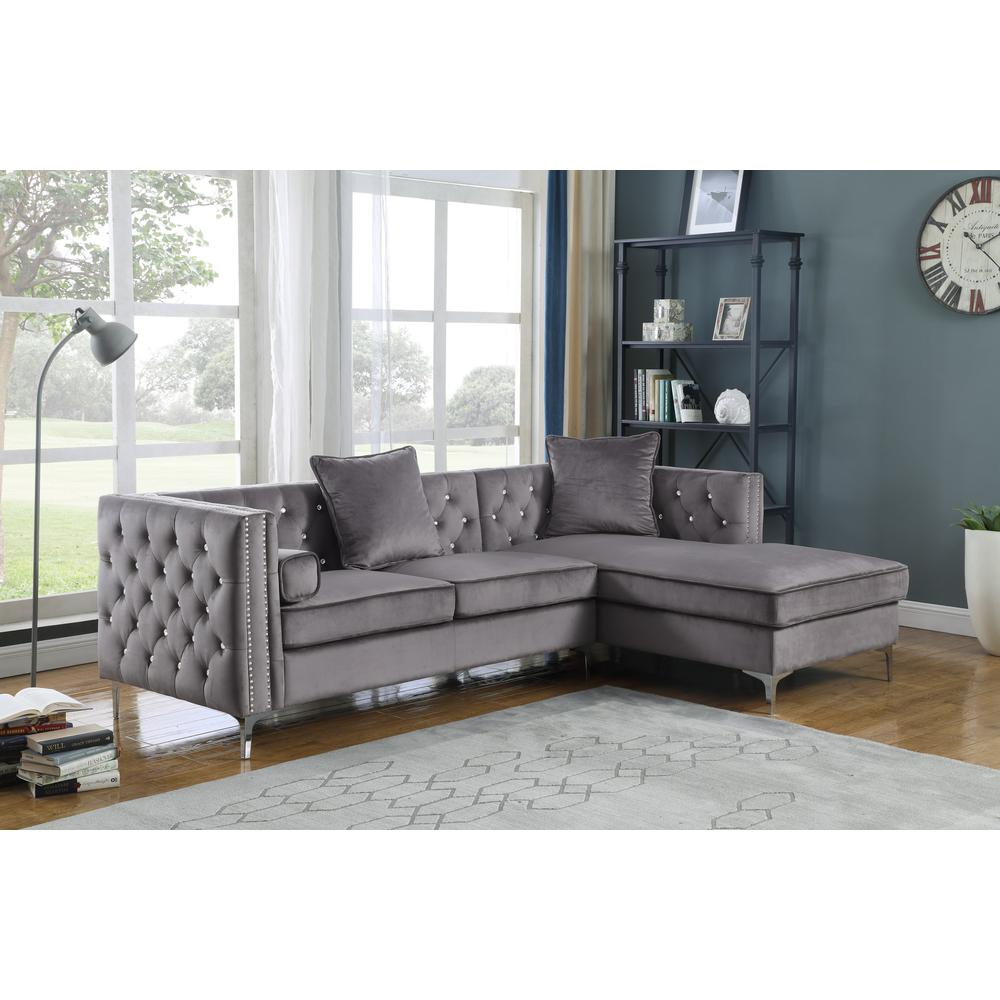 Dark Gray Velvet L-Shaped Tufted Faux Crystal Sofa & Chaise. The main picture.