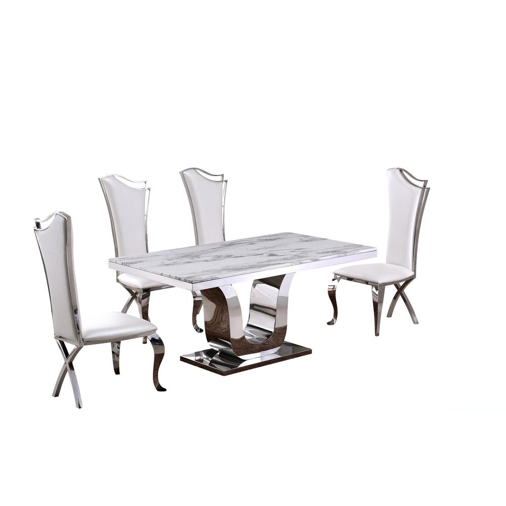 White Marble 5pc Set Non-Tufted Stainless Steel Chairs in White Faux Leather. Picture 2