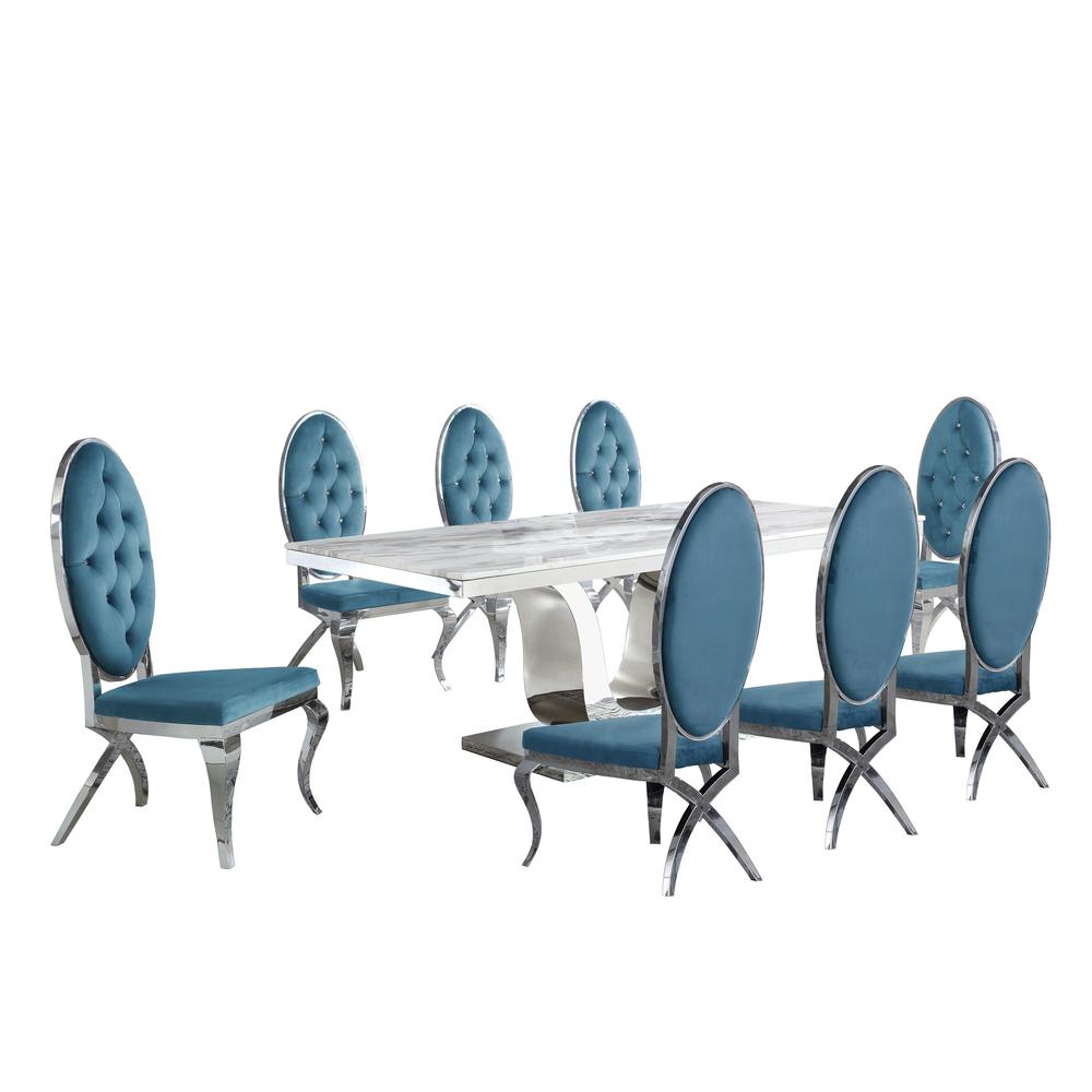 White Marble 9pc Set Tufted Faux Crystal Chairs in Teal Velvet. Picture 1