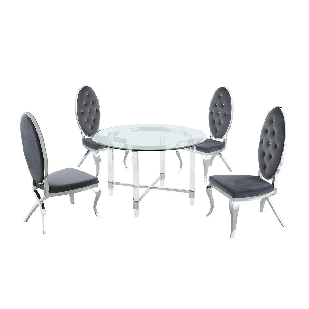 Round 5 Piece Dining Set: Glass Table Acrylic, 4 Dining Chairs Faux Crystal in Dark Gray Velvet. Picture 2